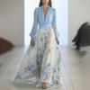 Women's Floral Print Maxi Dress with V-Neck Long Sleeve Top, Elegant Blue and Yellow Floral Skirt