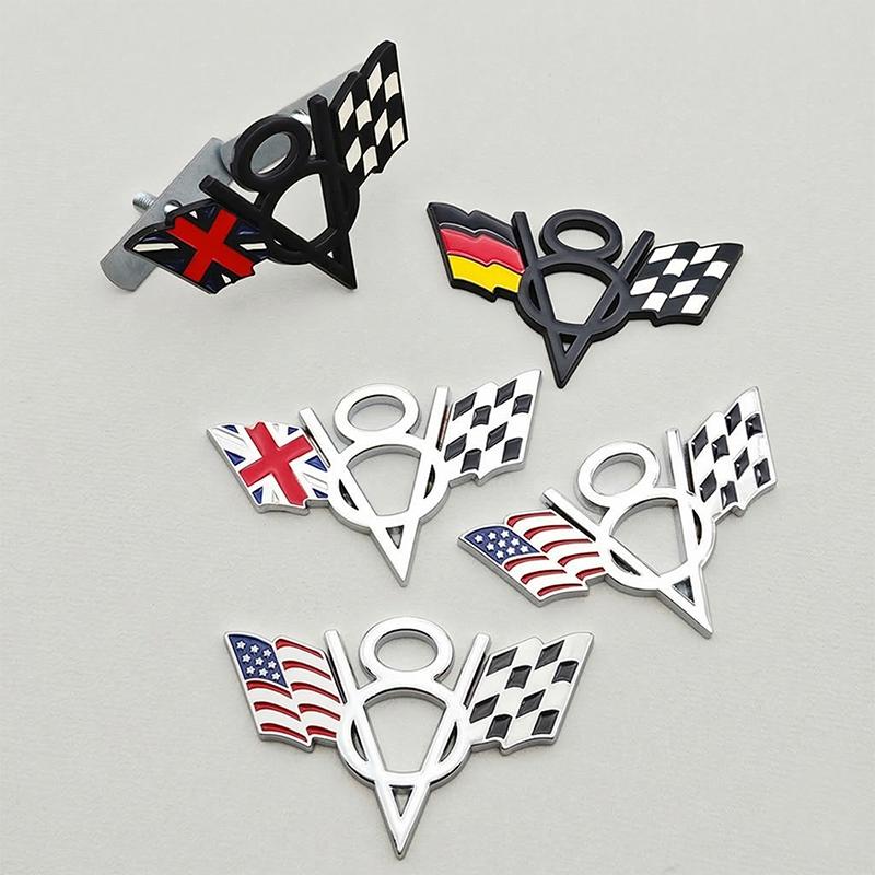 3D Metal V8 Engine Badge Cross Flag Car Emblem Front Grille Decal Trunk Sticker Universal Auto Styling Accessories