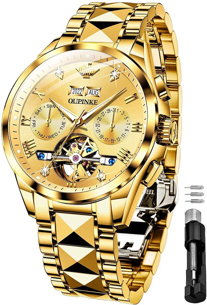 OUPINKE Automatic Business Watch with Mechanical Automatic Manual Hollow Men's Movement, Waterproof, Calendar, & Winding, Dial, Gold…