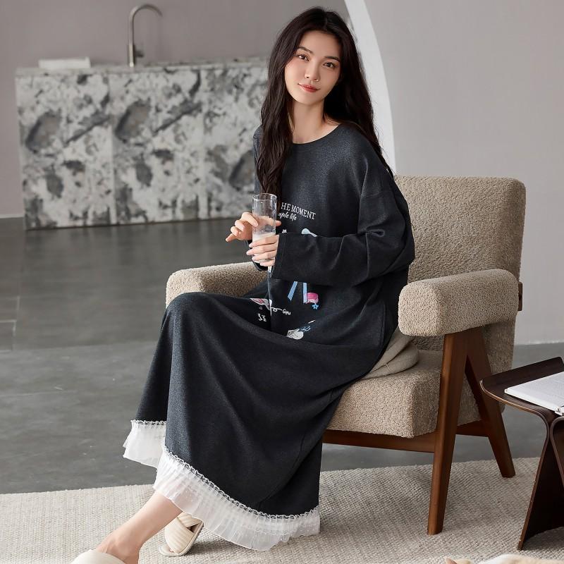 2026 Womens Cotton Long Sleeve Cute Cartoon Nightgown Casual Home Dress
