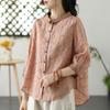 Spring Summer Lightweight Breathable Artistic Loose Cotton Linen Print Seven Quarter Sleeve Round Collar Patterned Shirt Top for Women