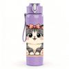 1PC Grey Kitten With Bow 750ml Color Plastic Sports Water Bottle Leakproof Flip Straw Lid Suitable for Sports Office Home Use