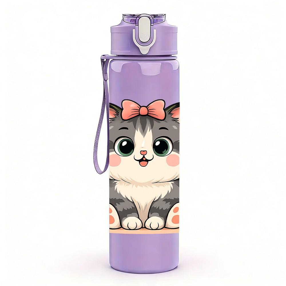 1PC Grey Kitten With Bow 750ml Color Plastic Sports Water Bottle Leakproof Flip Straw Lid Suitable for Sports Office Home Use