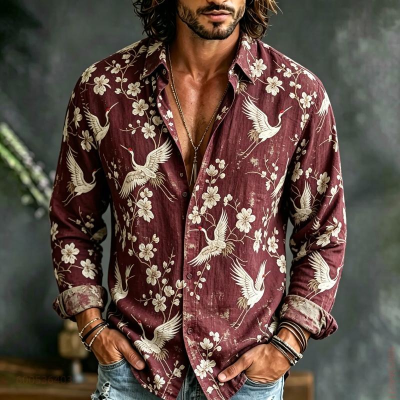 Men's Long Sleeved Shirt, Crane Plum Blossom Full Printed Shirt, Versatile and Comfortable Top for Daily Gatherings and Outings