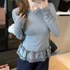 Women Fashion Slim Basic Ruffle Patchwork Long Sleeve T-Shirt Spring Autumn Winter Thickened Crew Neck Pullovers