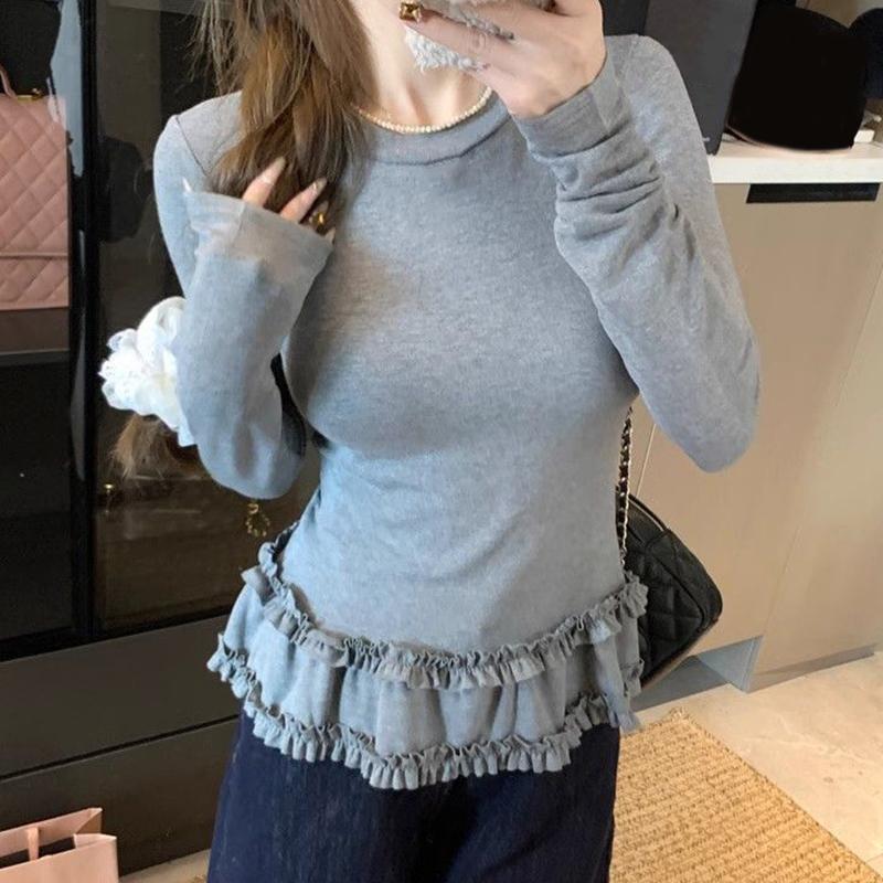 Women Fashion Slim Basic Ruffle Patchwork Long Sleeve T-Shirt Spring Autumn Winter Thickened Crew Neck Pullovers