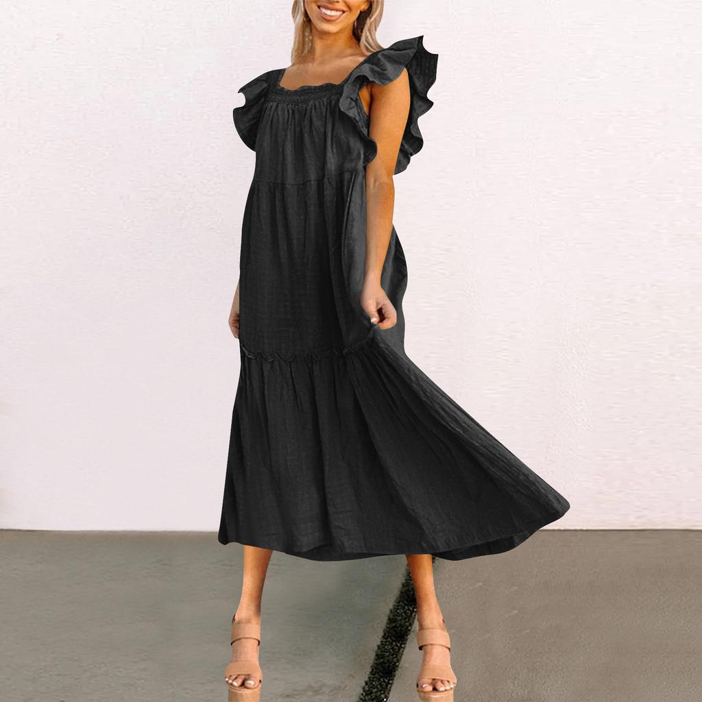 Женское весенне-летнее платье с квадратным вырезом и открытыми плечами, элегантное платье с юбкой с рюшами