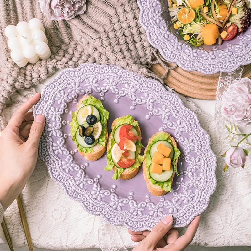 Модная рельефная обеденная тарелка в стиле ретро, фиолетовые креативные керамические тарелки, глубокая суповая миска, салатницы, бытовая утварь