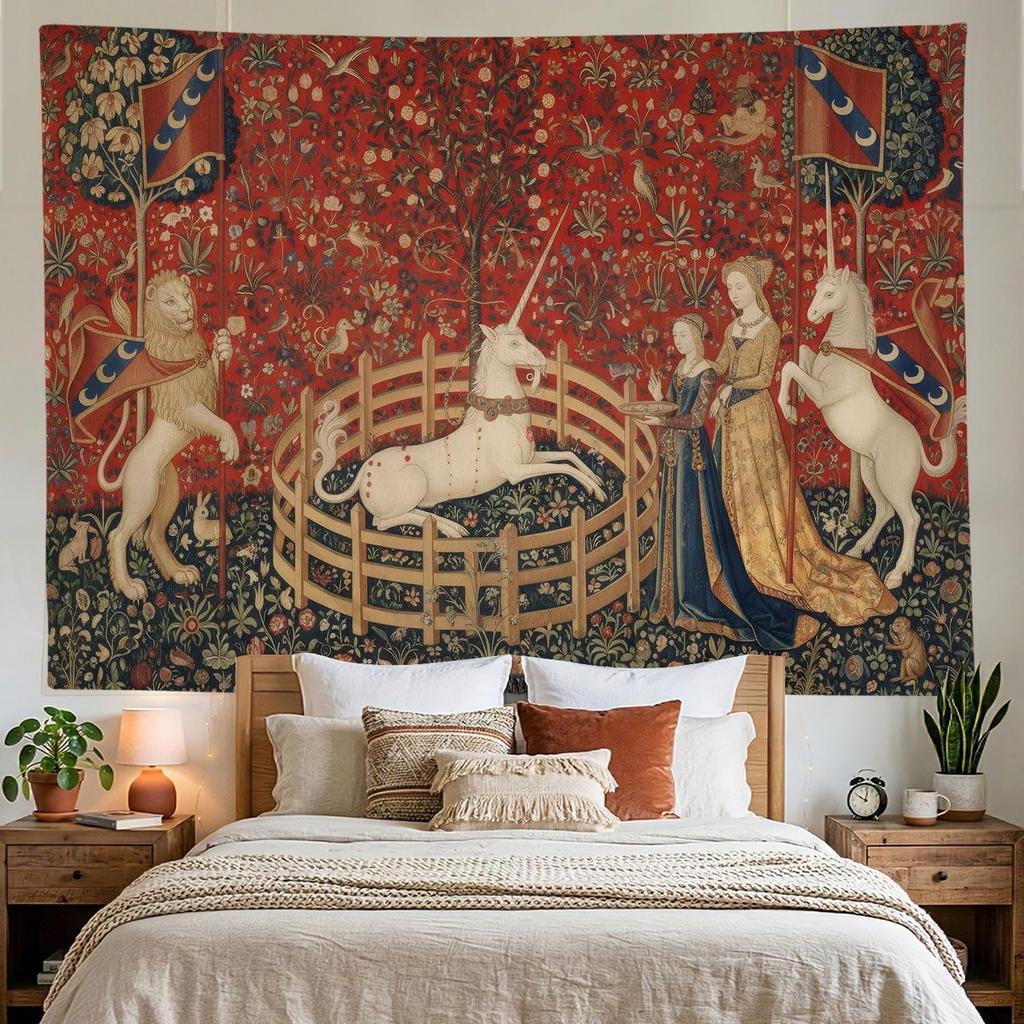 Bonriva Medieval Renaissance Tapestry Wall Hanging, Vintage Lady and Unicorn lion Art Floral Aesthetic Tapestry Wall Dec