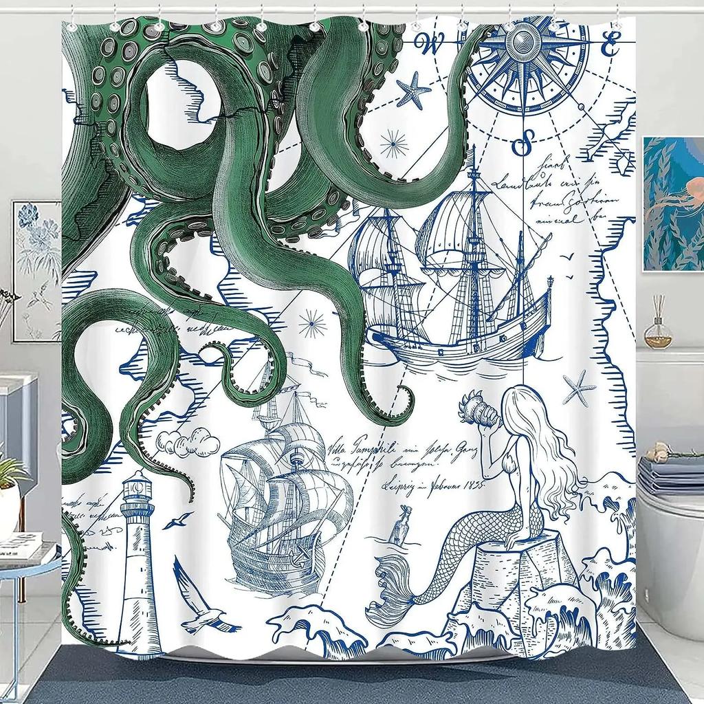 Funny Octopus Shower Curtains Marine Animal Mermaid Sailboat Vintage Nautical Map Bath Curtain Fabric Bathroom Decor with Hooks