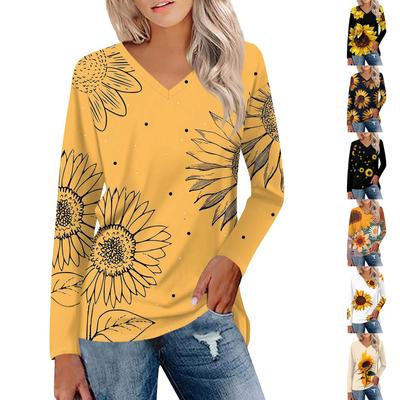 Женская мода, повседневная футболка с v-образным вырезом и рукавами 3/4 с цветочным принтом, топ на пуговицах