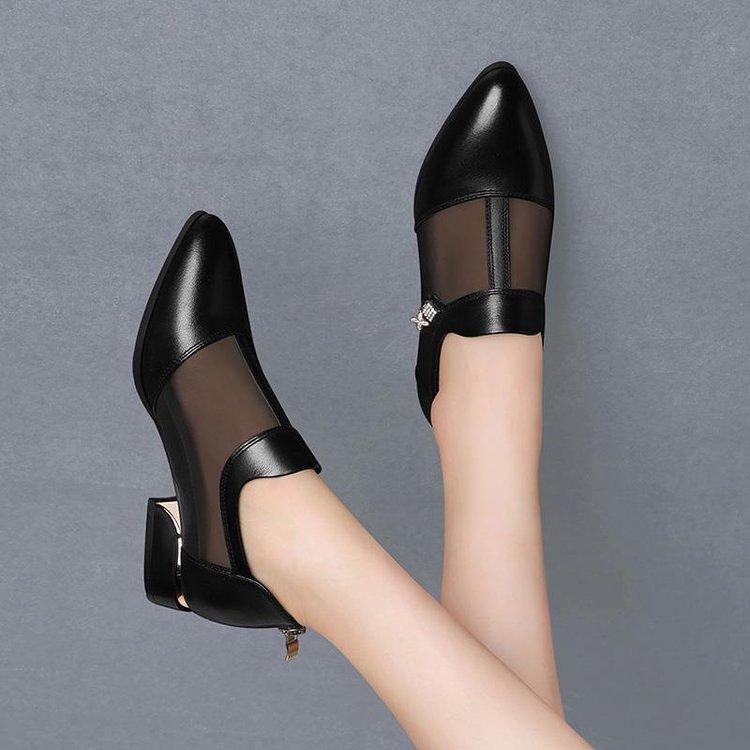 Soft Leather Mesh Cool Boots Spring and Summer Middle Heel Breathable Soft Sole Non-slip Pointed Thick Heel Fashion Sandals