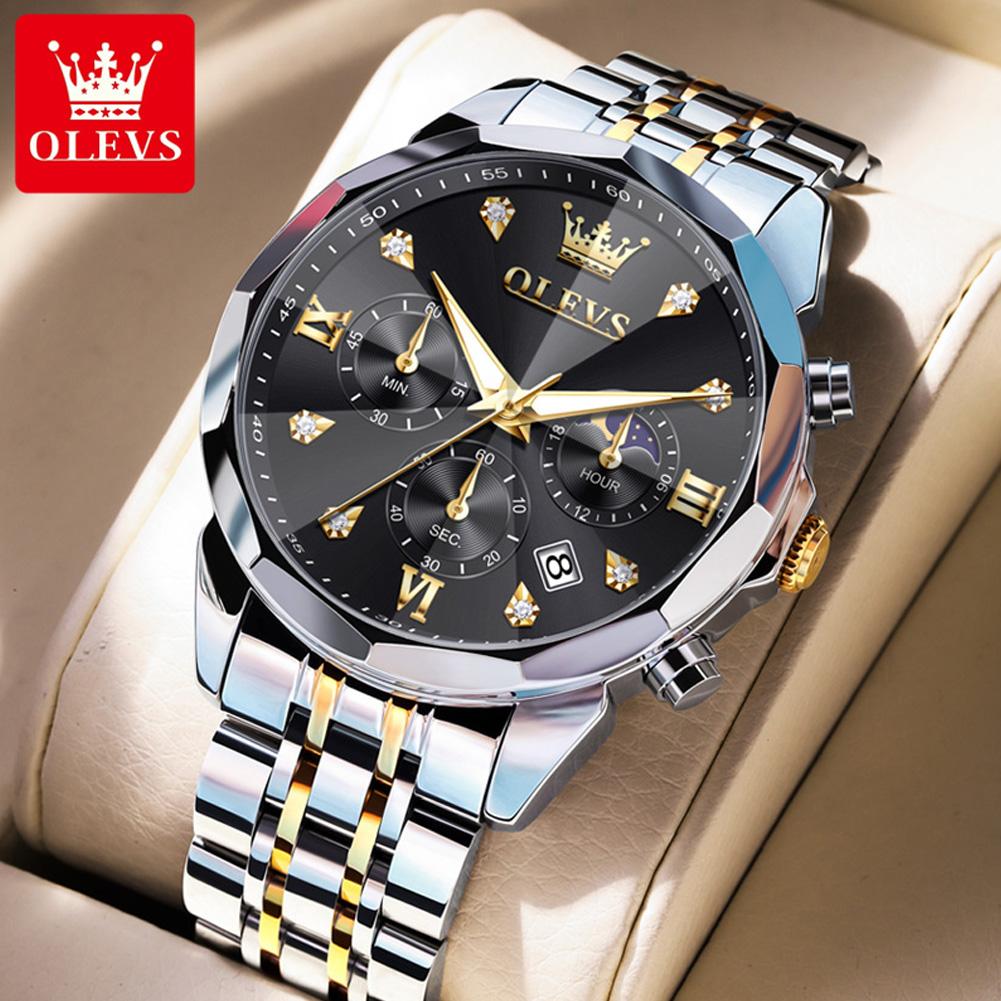 OLEVS 3670 Original Quartz Watch For Men Three Dials 24-hour Moon Phase Luminous Function 30m Waterproof Calendar Window Watch