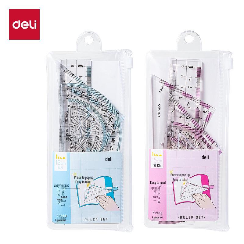 Deli 71988 Easy Pickup Ruler Set: Student Ruler, Straight Ruler, Triangle Ruler, Protractor, Multi-Spec Transparent Set