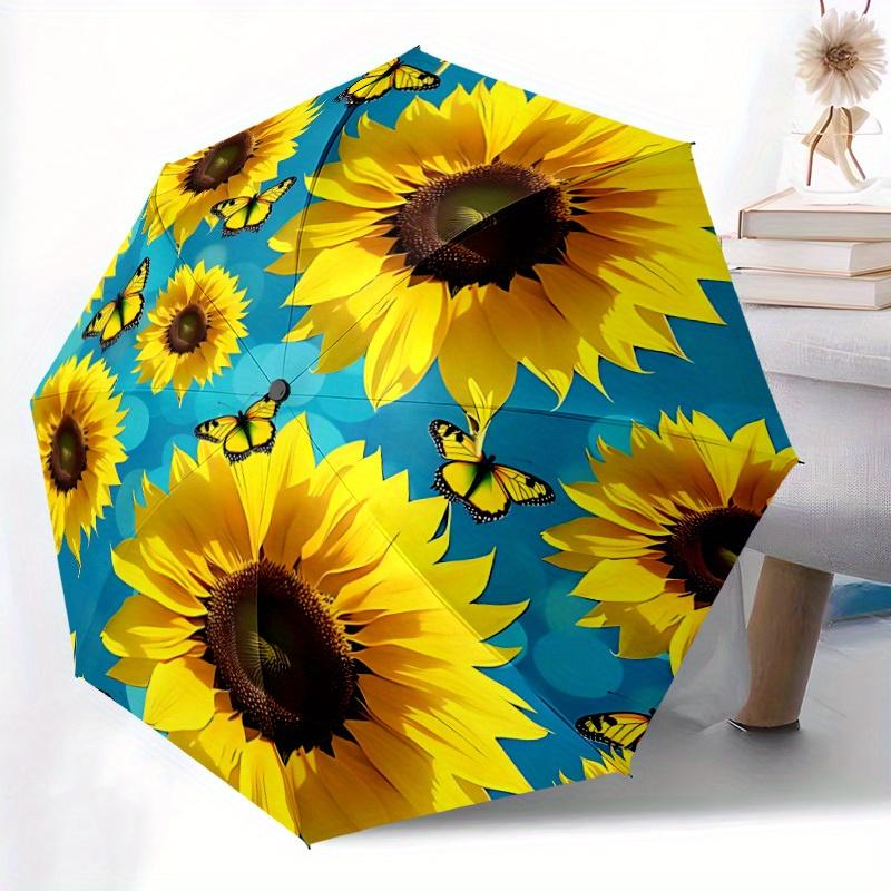 1pc Sunflower Butterfly Automatic Open/close Folding Compact Umbrella, 8-Rib Sturdy Canopy, Lightweight Portable, Everyday Use, Gift,151