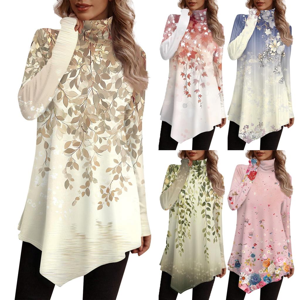 Casual Fashion Print Shirt Tops High Neck Irregular Hem Long Sleeve Pullover Tops
