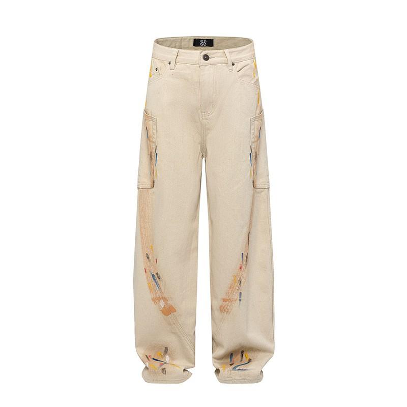 Washed Denim Straight Leg Pants With Dot Brushstroke Print Loose Fit Unisex Jeans