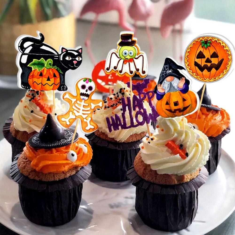 16Pcs Mini Cartoon Pumpkin Ghost Cake Inserts Creative Cupcake Plug-In Decoration  Home