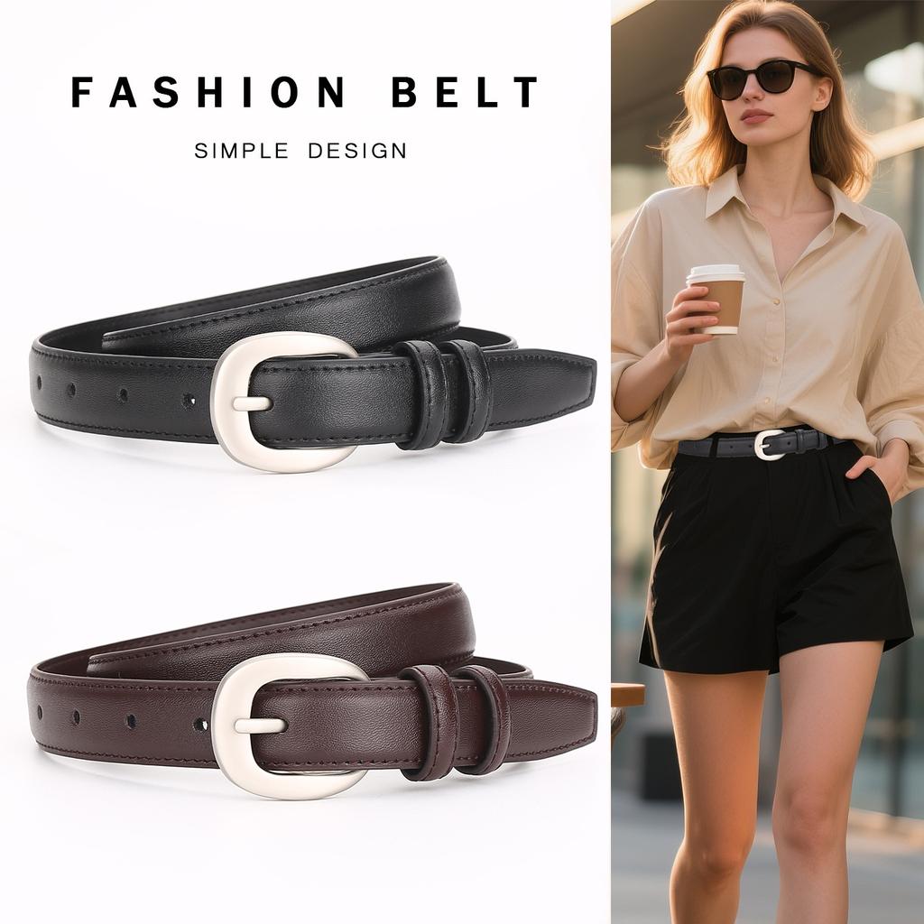 Women's Classic Cow Hide Leather Alloy Pin Buckle Thin Adjustable Geometric Pattern Waist Belt for Jeans/Pants 3 Colors Casual