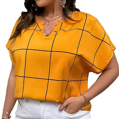 Весенне-летняя женская футболка большого размера в клетку с принтом, рубашка с короткими рукавами, топы с воротником «летучая мышь»