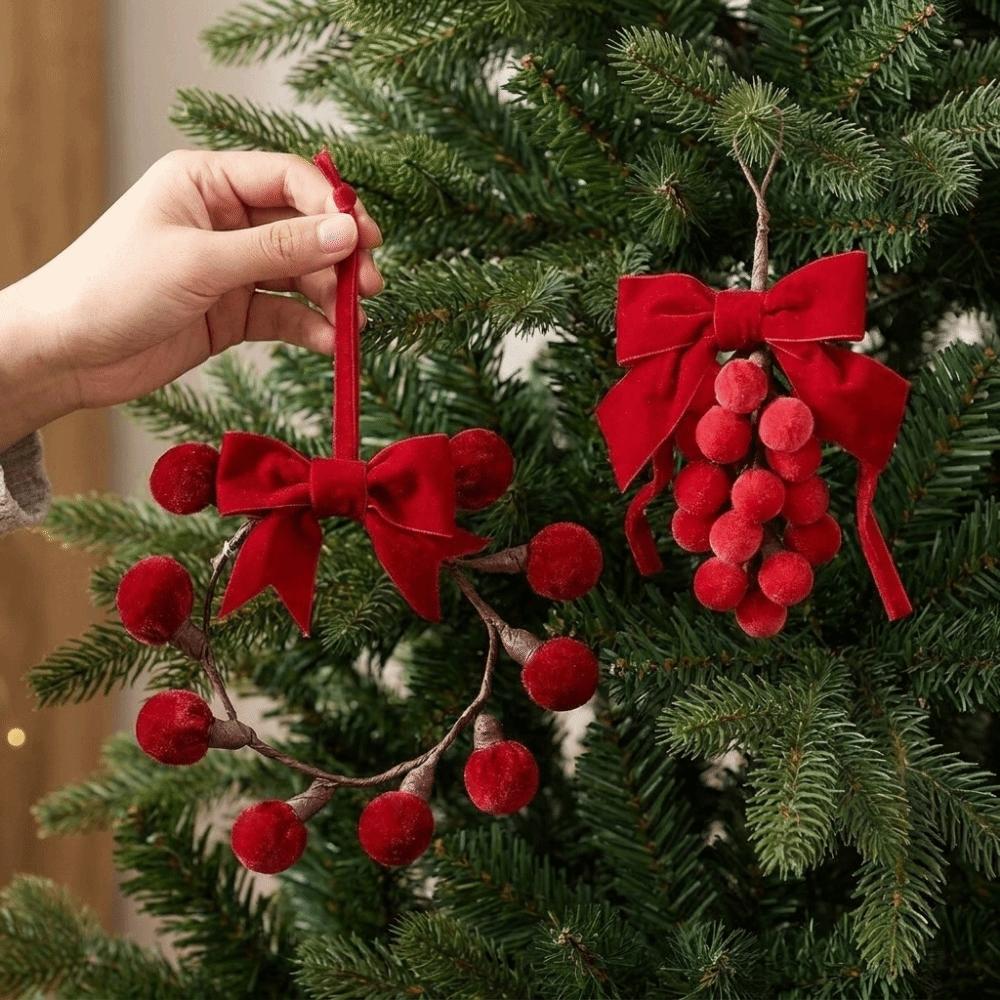 Wreath Shape Velvet Bow Christmas Ornament Christmas Pom Pom Pendant Winter Party Decoration