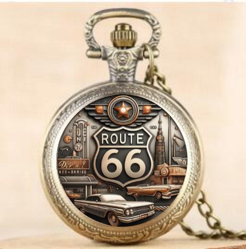 Antique Exquisite Route 66 American The Mother Road Pocket Watch Design, Precise Quartz Movement Watch Gift for Male and Kids