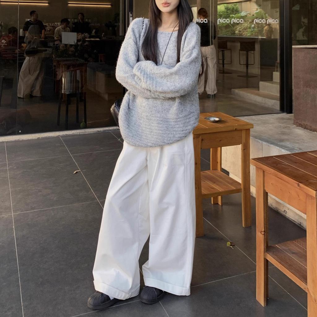 Женский корейский свитер с открытыми плечами и рукавами-фонариками - Мягкий, эластичный трикотаж, свободный крой, стройнящий, больших размеров, коллекция осень/зима