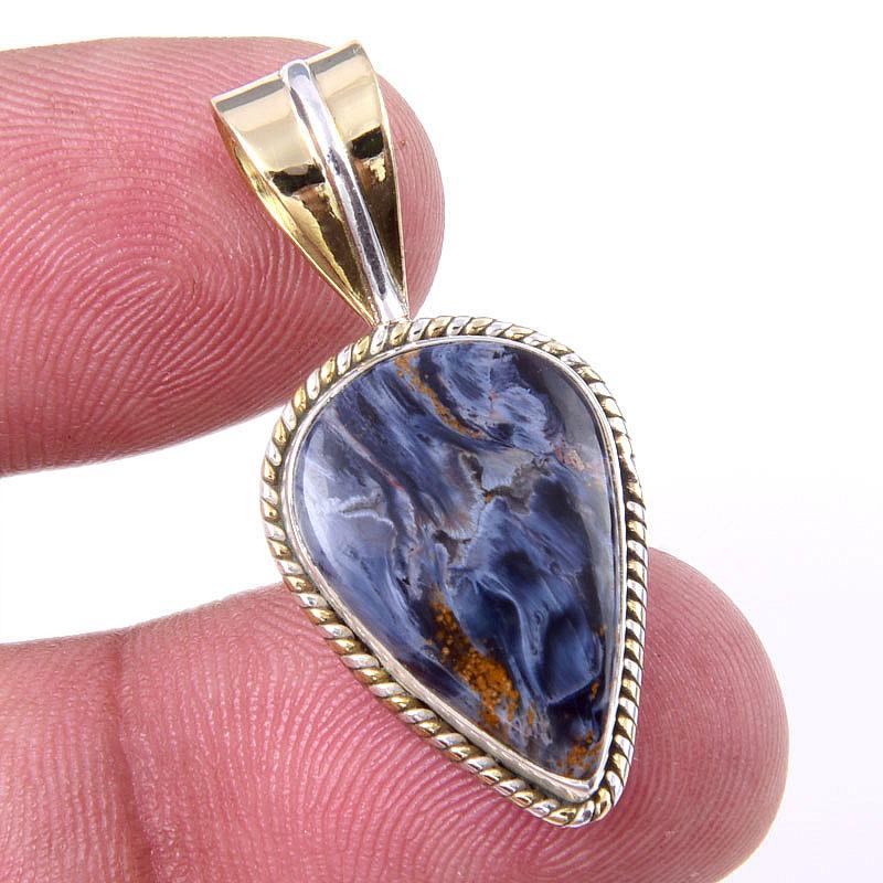 Natural Pietersite Gemstone 925 Solid Sterling Silver TwoTone Pendant 1.25" T5z21
