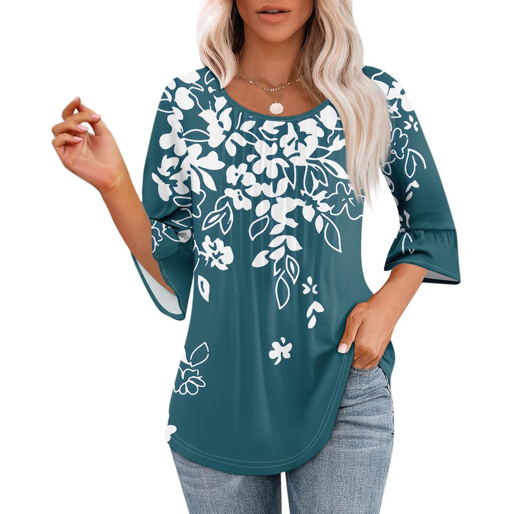 Женские топы с рукавами-колокольчиками 3/4, летние плиссированные рубашки с круглым вырезом, модные нарядные повседневные блузки-туники свободного покроя
