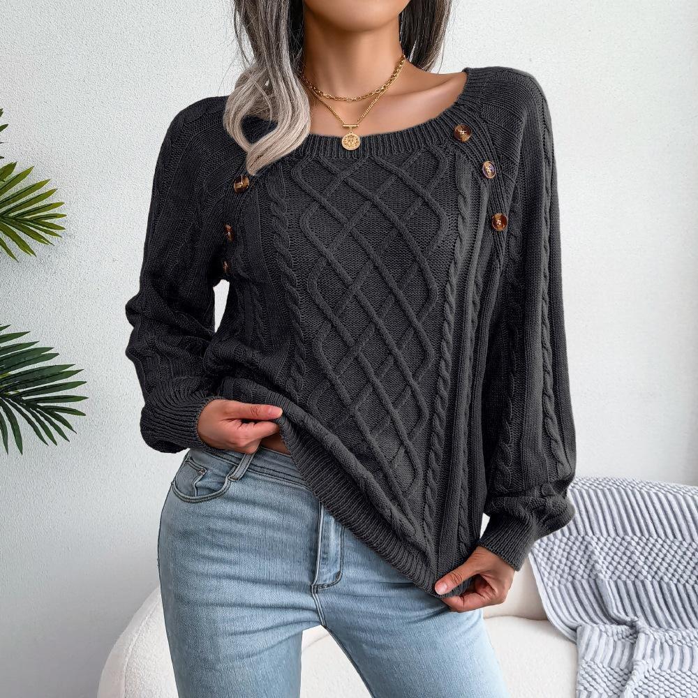 Women Warm Knitted Sweater Autumn Winter Casual Square Collar Studded Button Twist Knit Pullover Jumpers