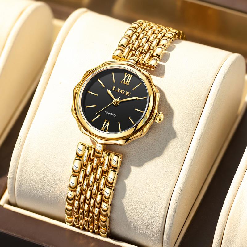 LIGE Fashion Quartz Women Watch Simple Elegant Square Dial Gold Stainless Steel Strap Waterproof Leisure Business Watches+Box