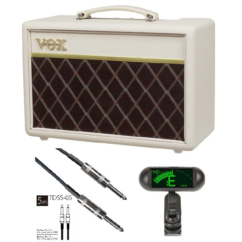VOX Pathfinder 10 Compact Guitar Amplifier in Cream Brown with ELISE tuTune Tuner and 5m Shielded Cable (PF-10 CB) Clip-on