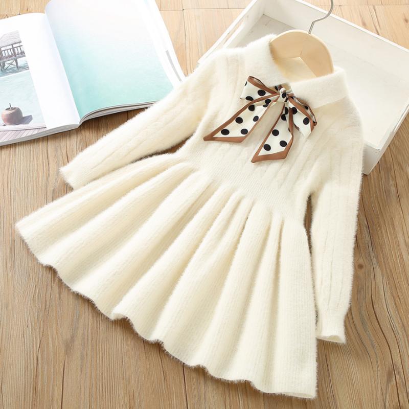 Детское платье с длинными рукавами, новые модные вязаные платья-свитера для девочек, повседневное плиссированное платье трапециевидной формы с лацканами для детей