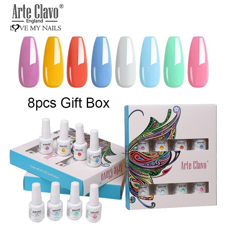 Arte Clavo 8 бутылок/набор, высококачественный блестящий гель-лак для ногтей для маникюра, гель-лак для дизайна ногтей, верхнее базовое покрытие, лак