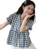 Женские клетчатые рубашки с эффектом двойной носки Женская кружевная блузка с завязками с коротким рукавом Летняя новая корейская версия Свободный универсальный топ