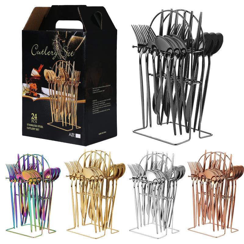 24-Piece Stainless Steel Tableware Set Western Food 4 Main Pieces Portugal Knife, Fork and Spoon with Storage Rack Gift Set
