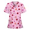 Tops Women Scrub Nurse Print Short Sleeve Cartoon V-Neck Tops Working T-Shirts Heart Print Healthcare Tunic Carers Workwear Tops