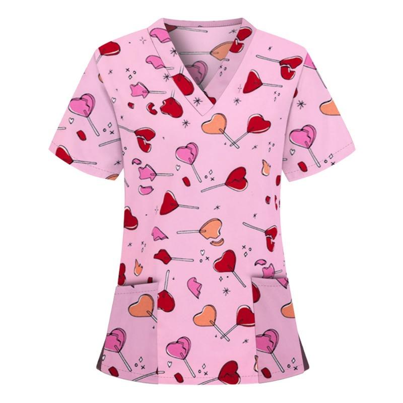 Tops Women Scrub Nurse Print Short Sleeve Cartoon V-Neck Tops Working T-Shirts Heart Print Healthcare Tunic Carers Workwear Tops
