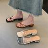 2025 Summer New Outer Wear Women's Shoes Outer Wear Thin Straps Crossed Square Head with Skirt Thick Heel Cool Slippers