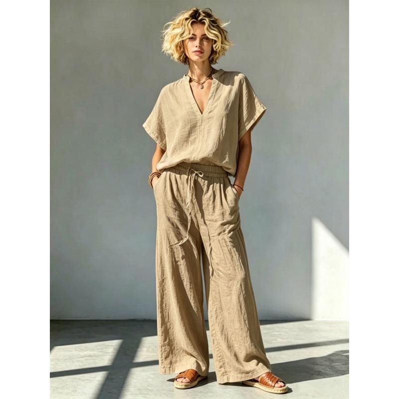 1116 European and American summer new cotton and linen casual V-neck short-sleeved shirt + wide-leg pants suit for women