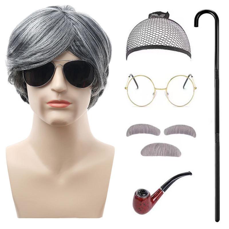 Аутентичный костюм дедушки с серым париком, аксессуарами для бороды и тростью для праздничных торжеств