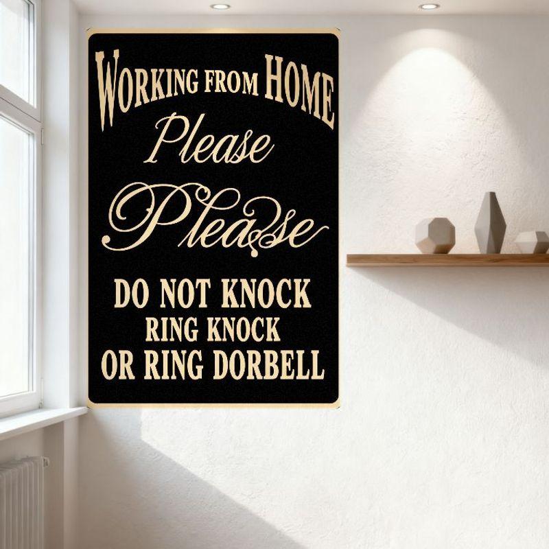 Working From Home Do Not Knock Metal Tin Sign Please Beige Text Vintage Wall Decor for Office Home Studio Bar Man Cave