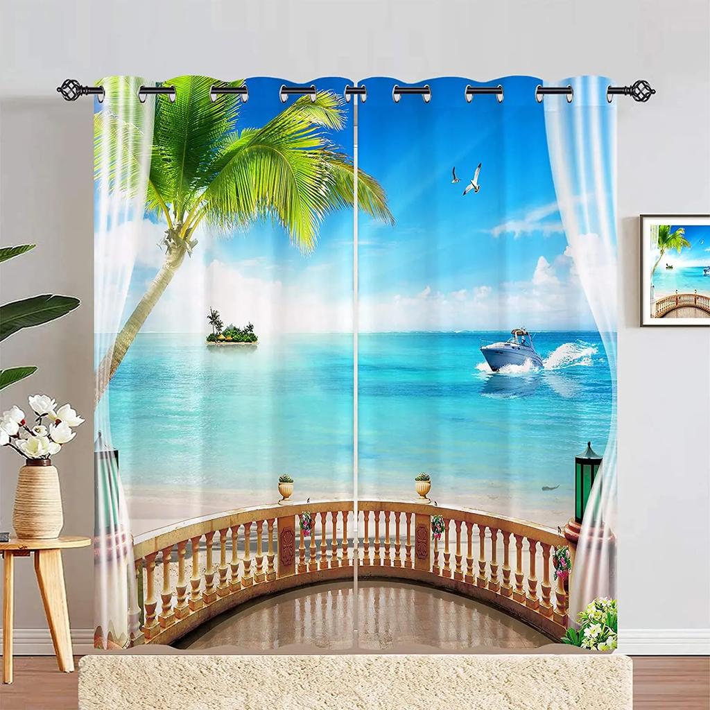 Nature Landscape Scenery Curtains for Bedroom, Window Panels with Garden, Pink White Flowers, Waterfall Lake Scene Print Pattern