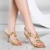 Мода 2025 Лето Босоножки на высоком каблуке Женские Новые Богемные Инкрустированные бриллиантами Туфли-стилеты с пряжкой Элегантная Мода Римские Пляжные туфли