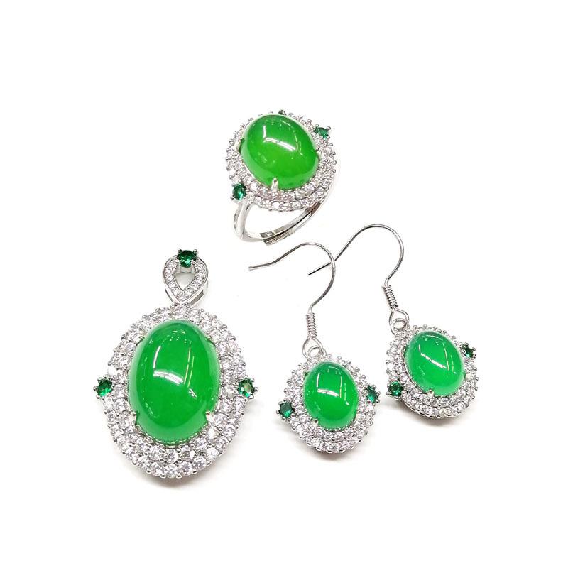 Роскошный комплект с инкрустацией халцедоном Dan Face, двусторонний зеленый бриллиант, комплект из трех частей из халцедона, кулон, кольцо, крючок для ушей