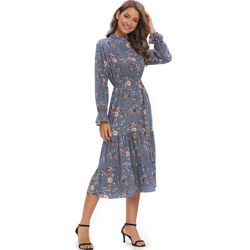 Шифоновое синее платье с цветочным принтом, круглым вырезом, длинными рукавами, листом лотоса, эластичной резинкой на талии, трапециевидной формы средней длины, женское
