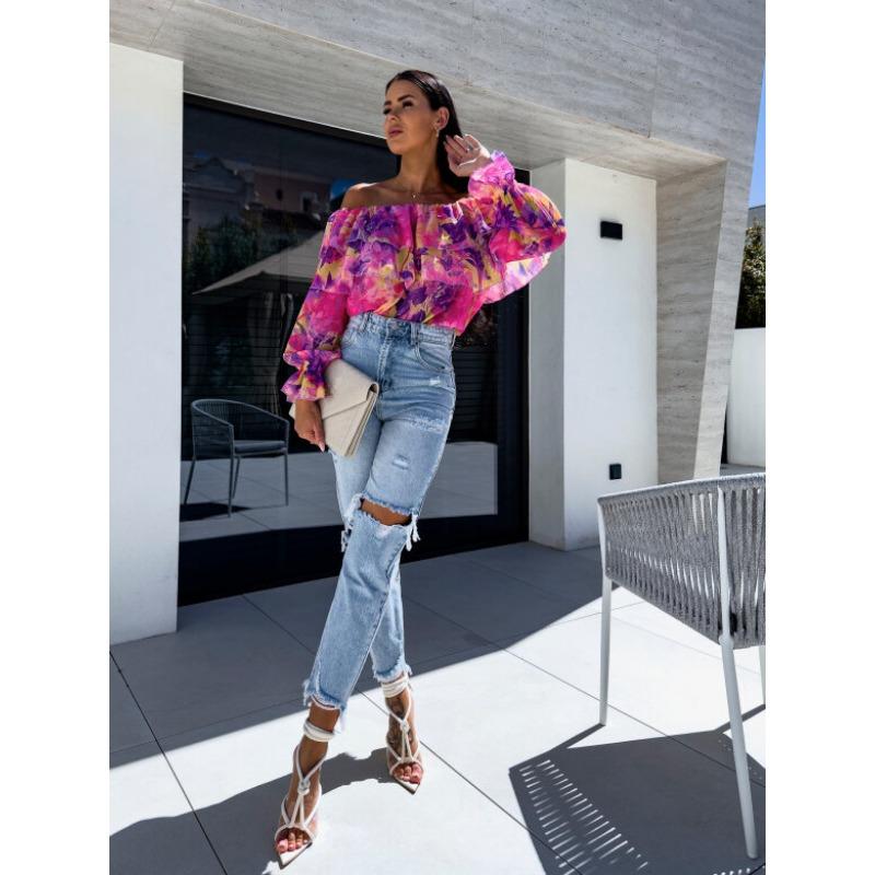 Осенняя шифоновая рубашка женская сексуальная мода один вырез с открытыми плечами блузки с длинными рукавами принтованная рубашка женская