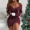 Women's Fashion Spring Fall Solid Color Print Long Sleeve V-Neck High Waist Casual Dresses
