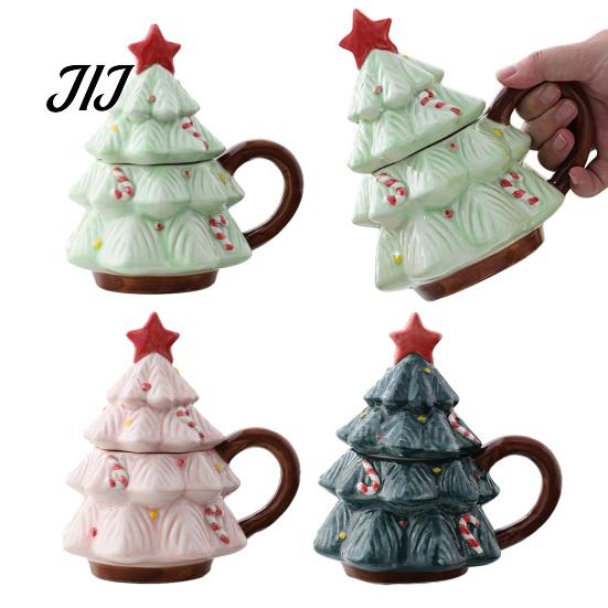 Christmas Tree Coffee Mug with Star Lid, 340ml Festive Holiday Cup for Hot Themed Beverage Drinkware Cocoa And Milk, Retro Curved Handle Microwave