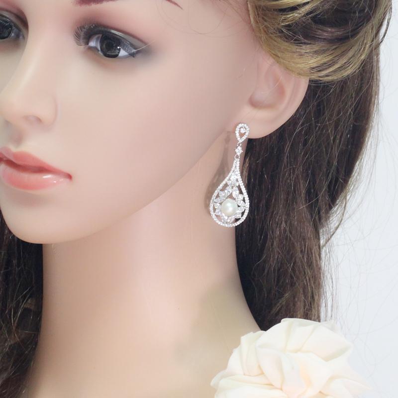 WWJ Благородные белые длинные серьги-капли с кубическим цирконием для свадебных невест